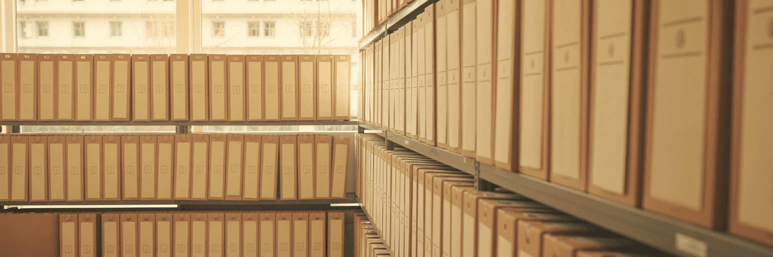 Rows of neatly stacked plain manila folders and document boxes on a sunlit shelf.