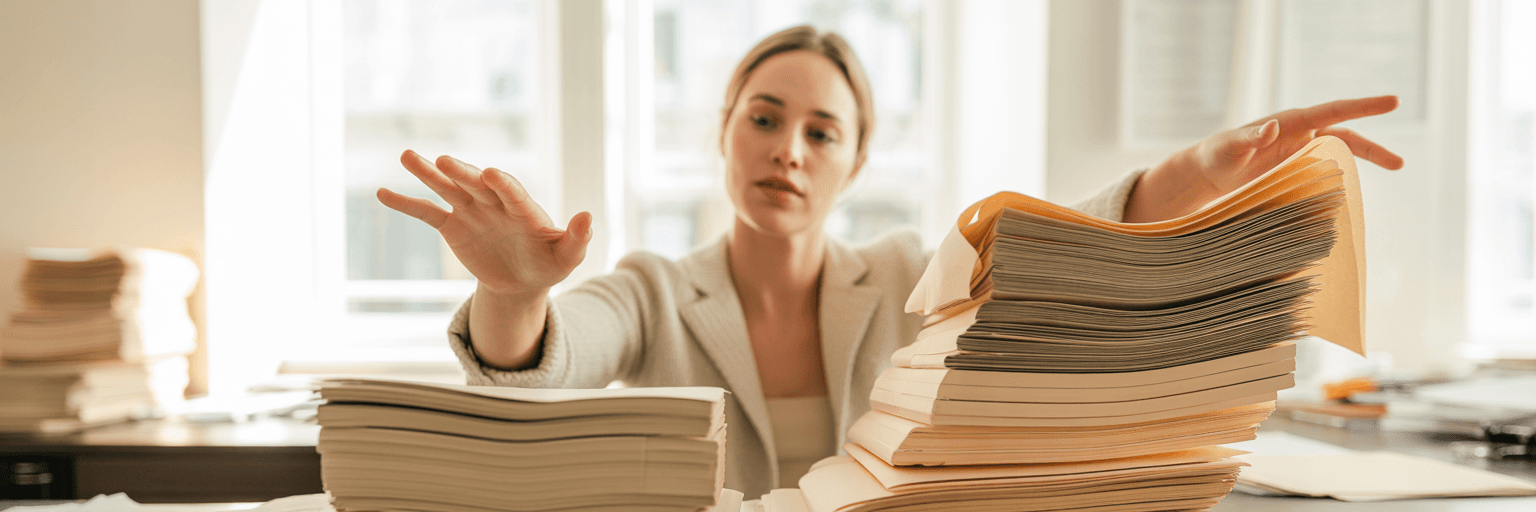 A communications manager at a sunlit desk sorting tall stacks of blank paper into piles.