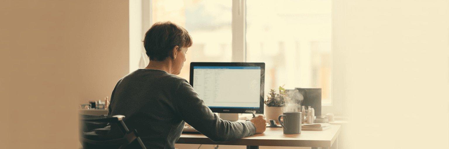 A person working alone at a tidy desk in a bright office, seen from behind, with a mug and a small plant nearby.