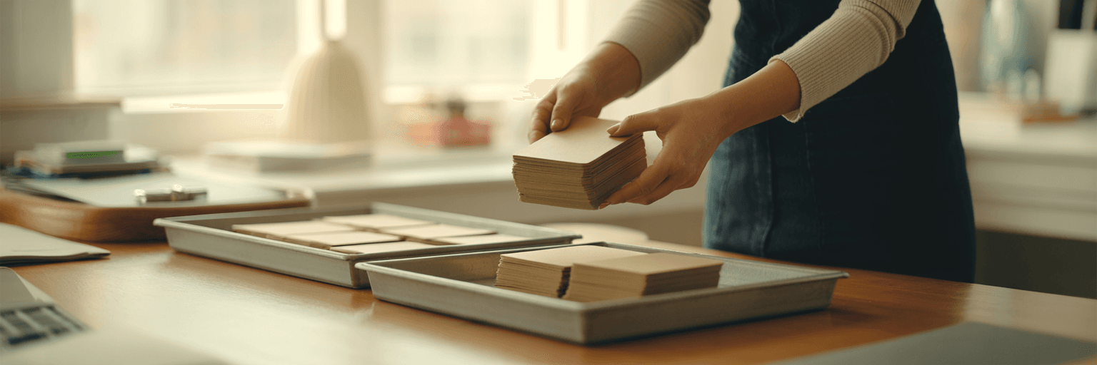 Hands carefully transferring a stack of blank index cards from one tray to another.